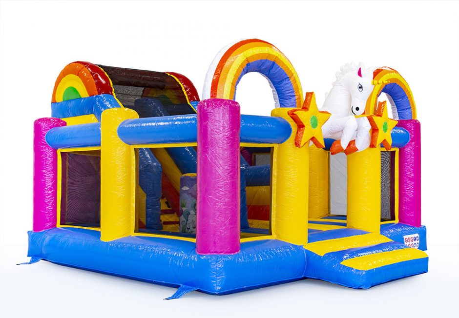 Hüpfburg Slidebox Einhorn mieten – 6,5x5,5x3,8 m mit Rutsche – 2