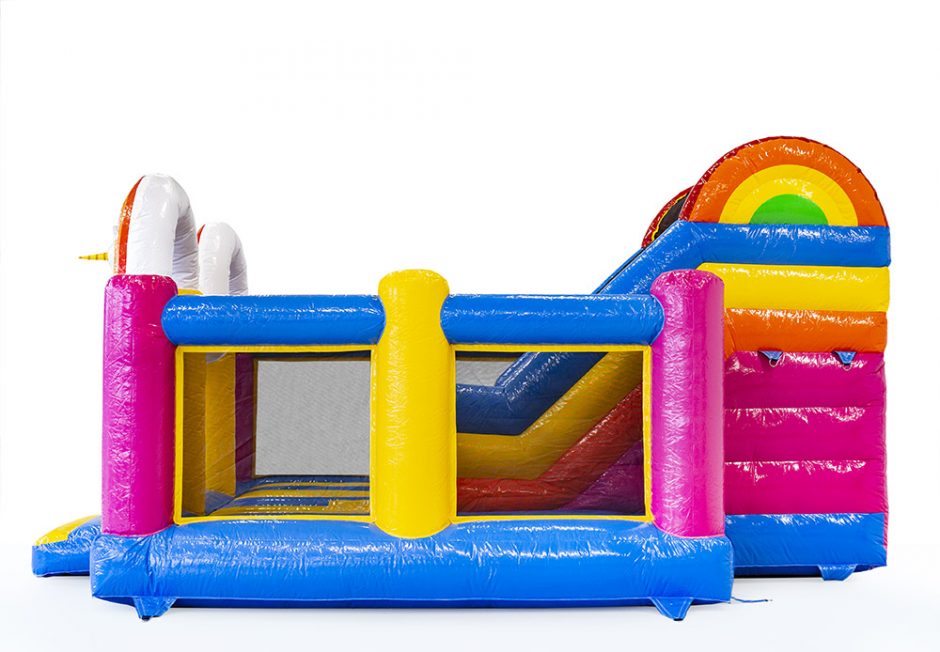 Hüpfburg Slidebox Einhorn mieten – 6,5x5,5x3,8 m mit Rutsche – 3