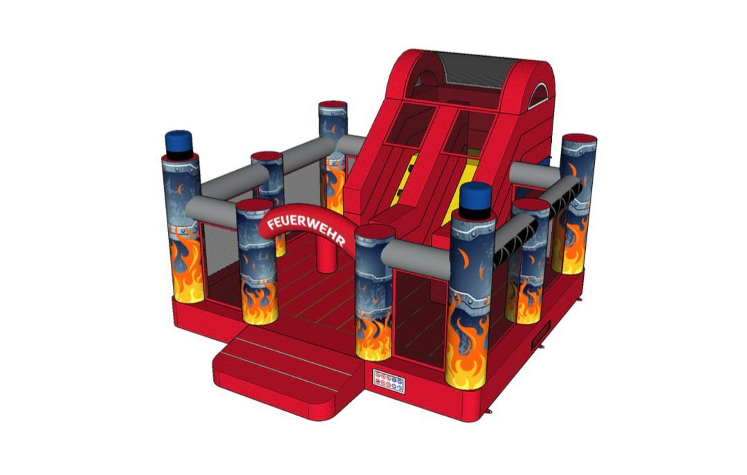 Hüpfburg Slidebox Feuerwehr mieten – 6,5x5,5x3,8 m mit Rutsche – 4