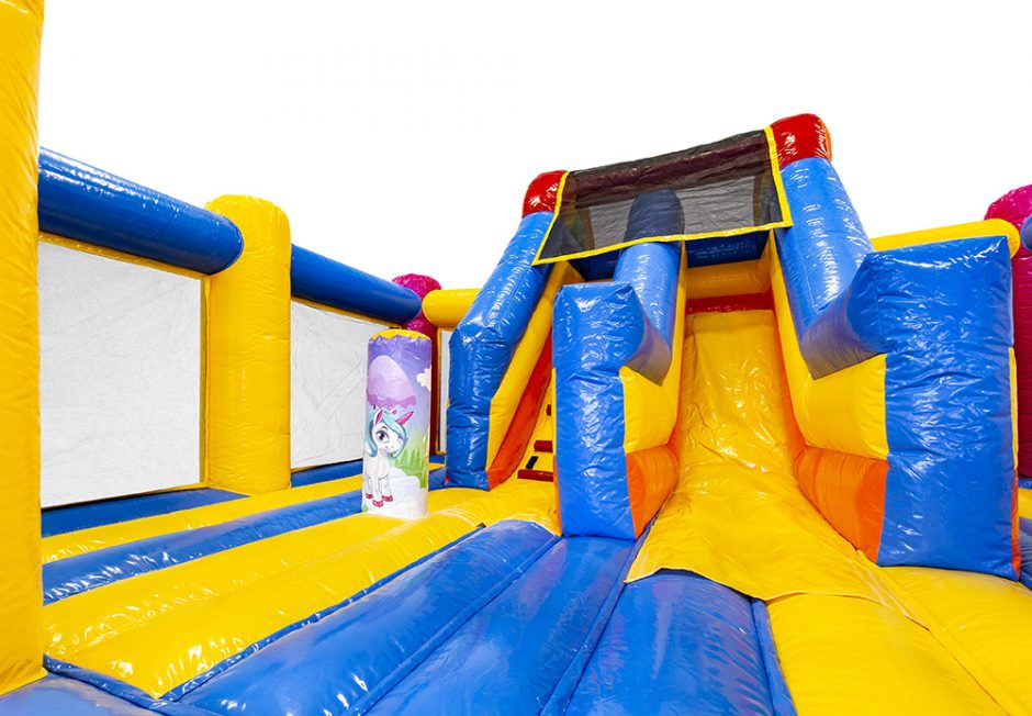 Hüpfburg Slidebox Einhorn mieten – 6,5x5,5x3,8 m mit Rutsche – 4