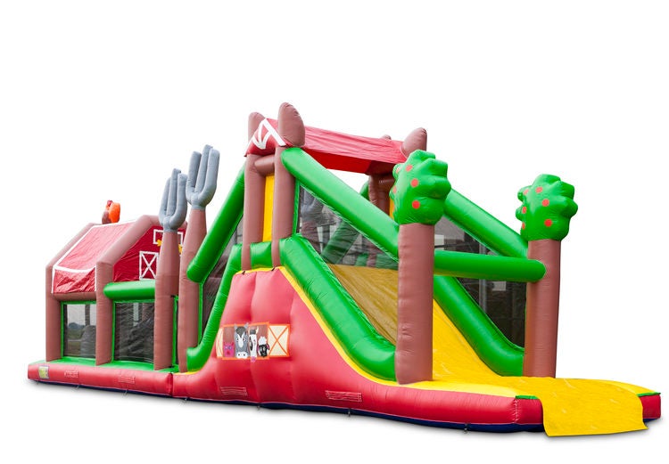 Hindernisparcours mieten 17 m – Hüpfburg Bauernhof mit 7 Spielelementen
