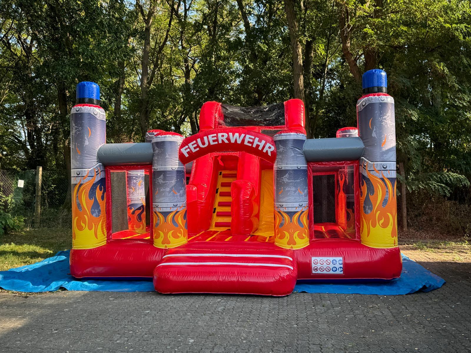 Hüpfburg Slidebox Feuerwehr mieten – 6,5x5,5x3,8 m mit Rutsche – 2