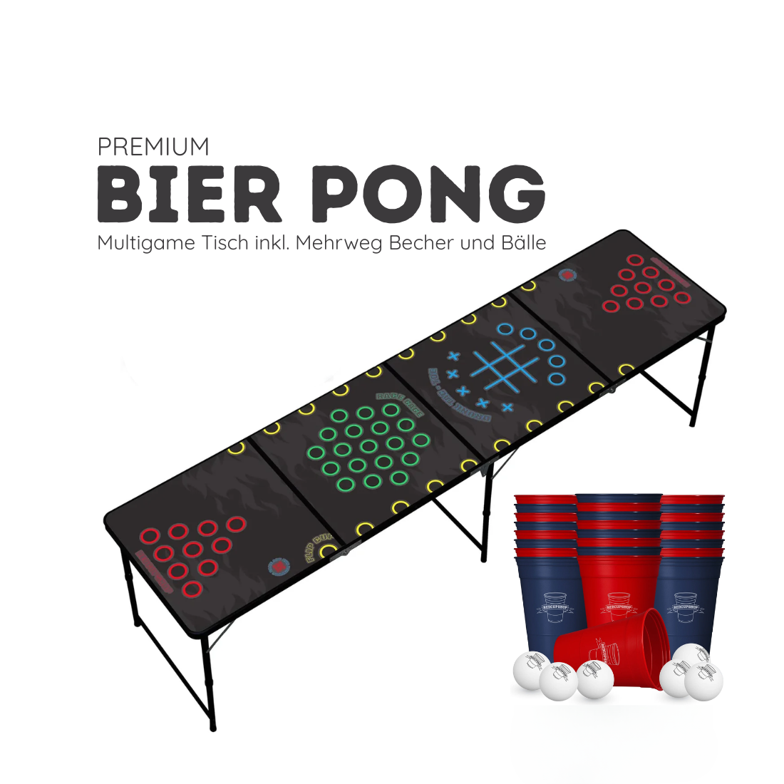 Bierpong-Tisch mieten - klappbar, offizielle Turniermasse 240 x 60 cm