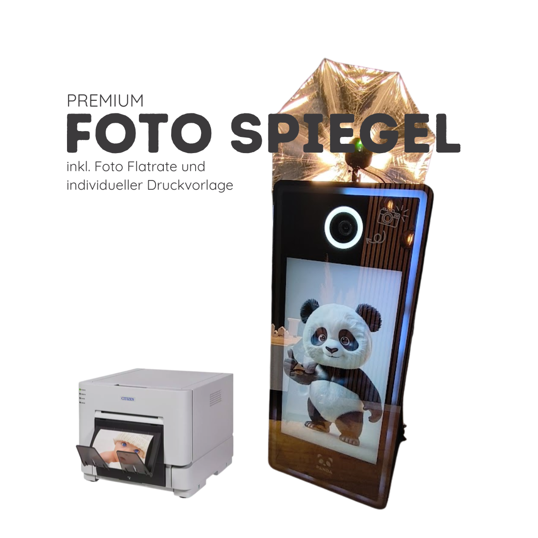 Fotospiegel mieten - XXL Fotobox mit 42" Touchscreen, Drucker & 300 Fotos inklusive