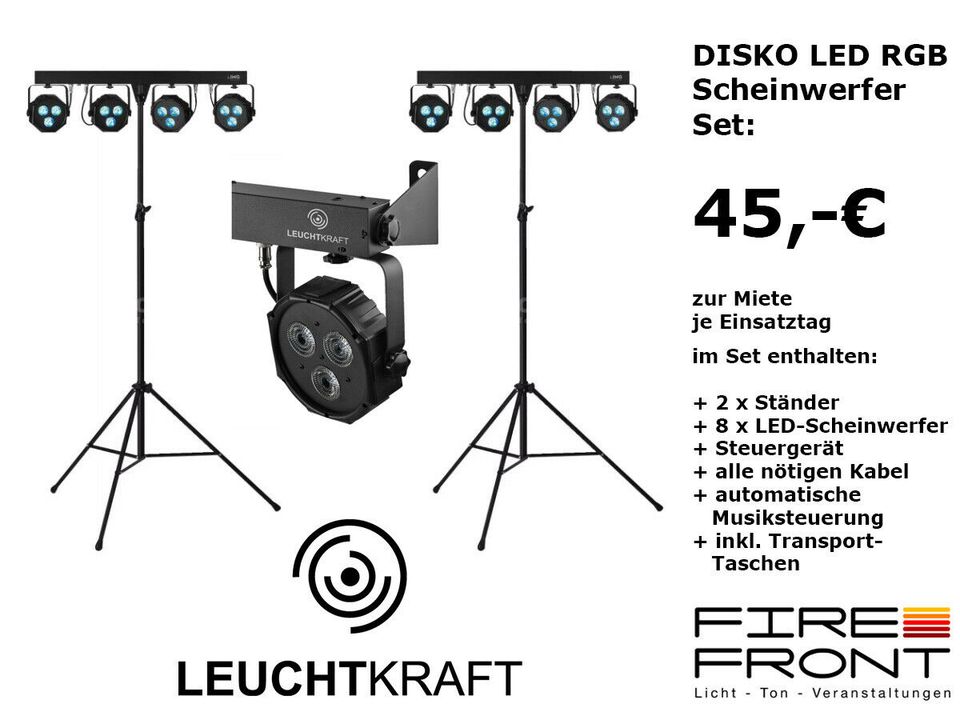 Disko-LED-Scheinwerfer-Set mieten – Derby, Strobo, UV-Licht, Floorspots, Fluter | Berlin