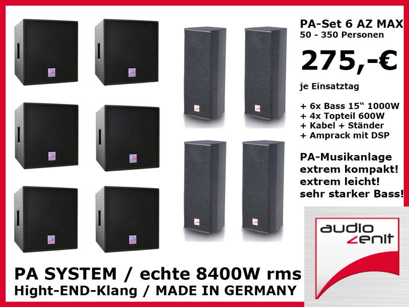 PA-Anlage mieten Berlin: Beschallungs-Set bis 8400W rms, Audio Zenit Made in Germany, Open Air