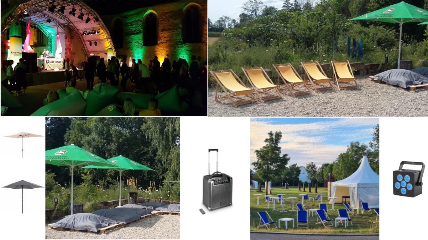 Outdoor Party Lounge Akkubetrieb /Sitzsäcke / Loungemöbel / Sitzkissen / Liegestühle / Musikbox mieten