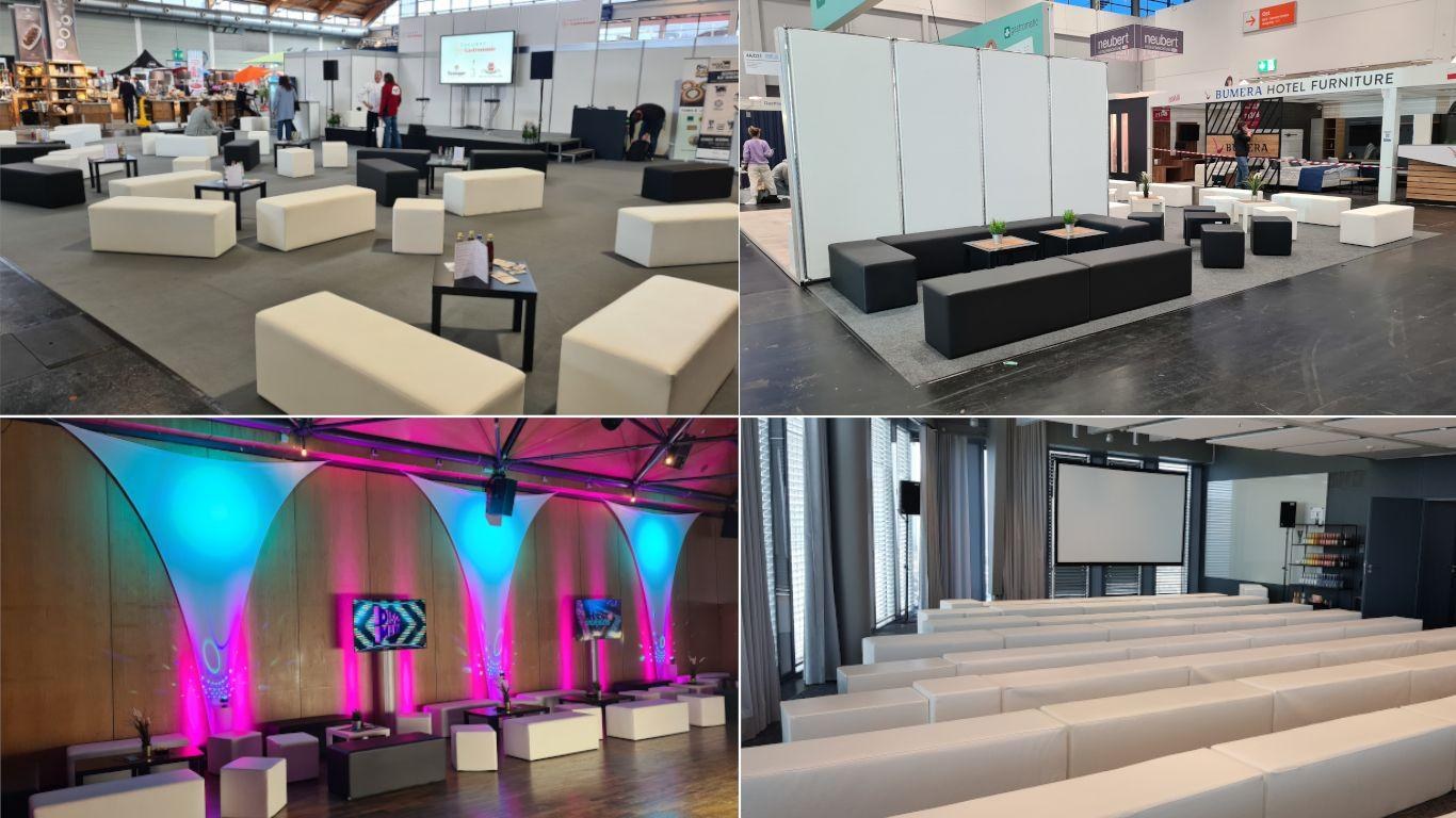 Loungemöbel Set, Sitzbank, Sitzwürfel, Loungetisch mieten