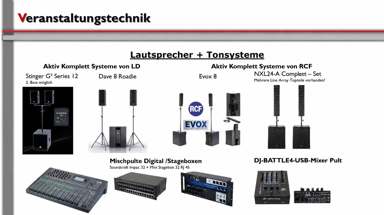 Musikanlage / Veranstaltungstechnik / Lichtanlagen / Multimedia / Beamer / Rigging / Bühnen mieten