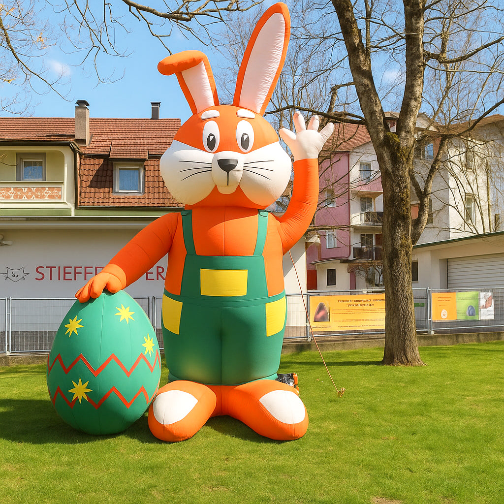 Riesiger Deko-Osterhase mit Osterei mieten – Aufblasbar, 5 m hoch