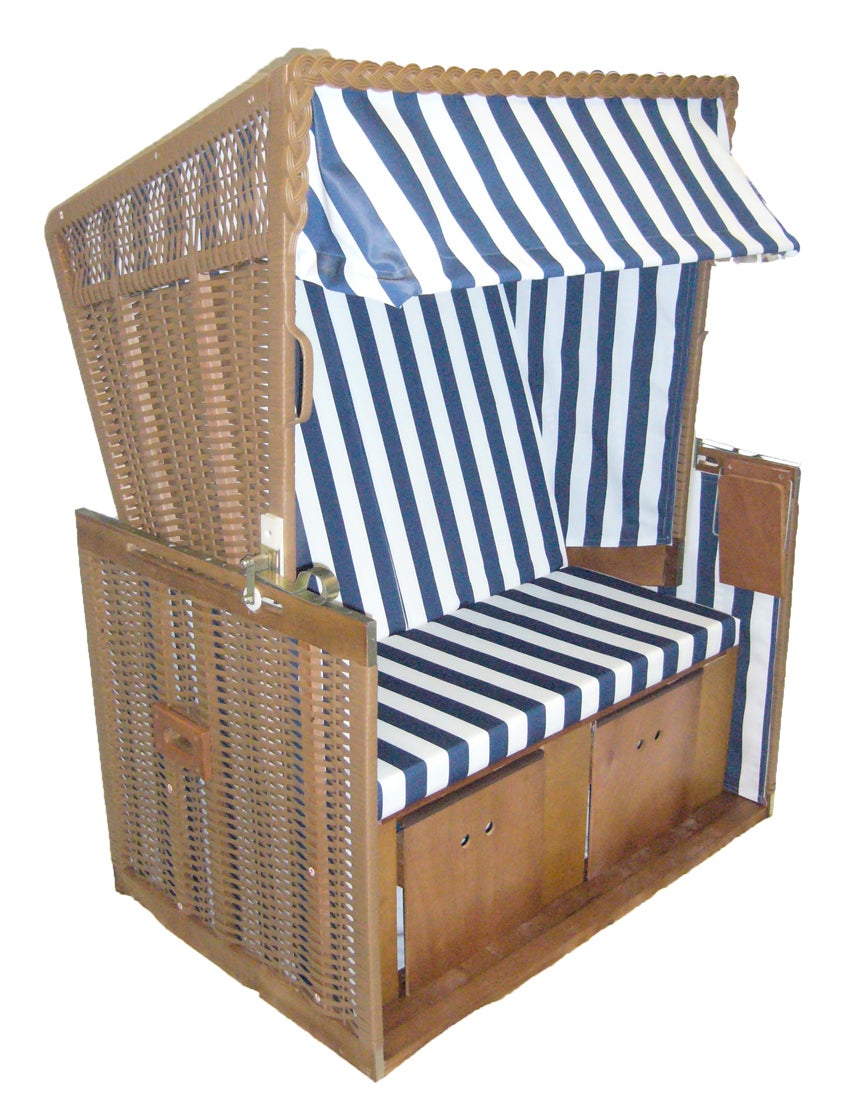 Strandkörbe mieten – Original 2-Sitzer Strandkorb in Blau/Weiß