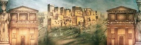 Griechenland Stadt Kulisse mieten – Tempel & Säulen 9 m x 3 m, handgemalt – 2