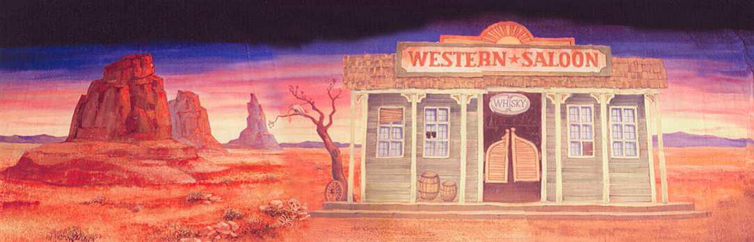 Western Saloon-Kulisse mieten – Cowboy, Wildwest, handgemalt, 10 x 4,2 m
