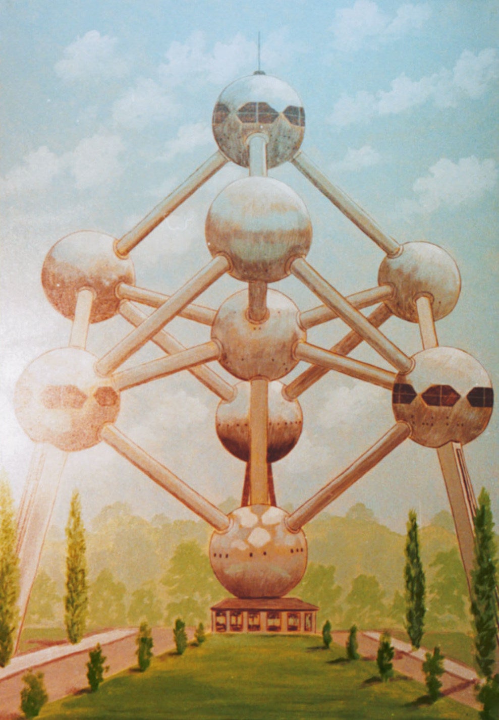 Atomium-Kulisse mieten – Belgien-Motiv, handgemalt, 140 x 200 cm