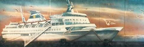 Kreuzfahrtschiff-Kulisse mieten – Hafen, Kreuzfahrt, handgemalt 9 x 3 m
