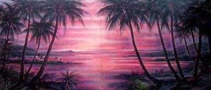 Rio-Beach-Kulisse mieten – Sonnenuntergang, Brasilien, Strand & Palmen, handgemalt