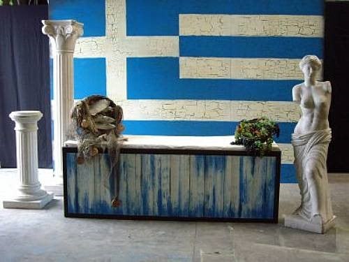 Griechischer Buffetstand mieten - Marktstand ca. 300 x 250 cm, B1-zertifiziert für Mottoevents