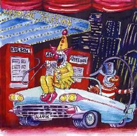 Gasoline-Tankstellen-Kulisse mieten – handgemaltes Karneval-/Clown-Bühnenbild (ca. 500×500 cm) – 2