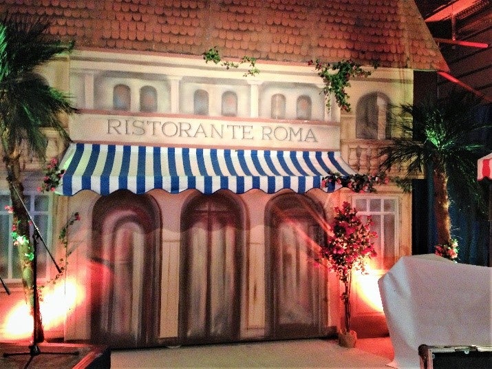 Italien-Restaurant-Kulisse mieten – 2D-Hausfassade „Ristorante Roma", ca. 550 cm