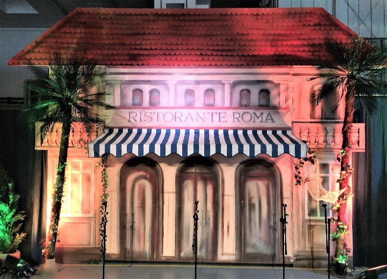 Italien-Restaurant-Kulisse mieten – 2D-Hausfassade „Ristorante Roma", ca. 550 cm – 3