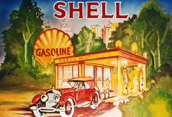 Shell Gasoline-Kulisse mieten – Tankstelle, Retro, freistehend 2 x 1,4 m