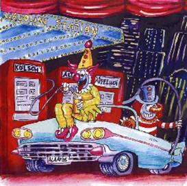 Gasoline-Tankstellen-Kulisse mieten – handgemaltes Karneval-/Clown-Bühnenbild (ca. 500×500 cm)