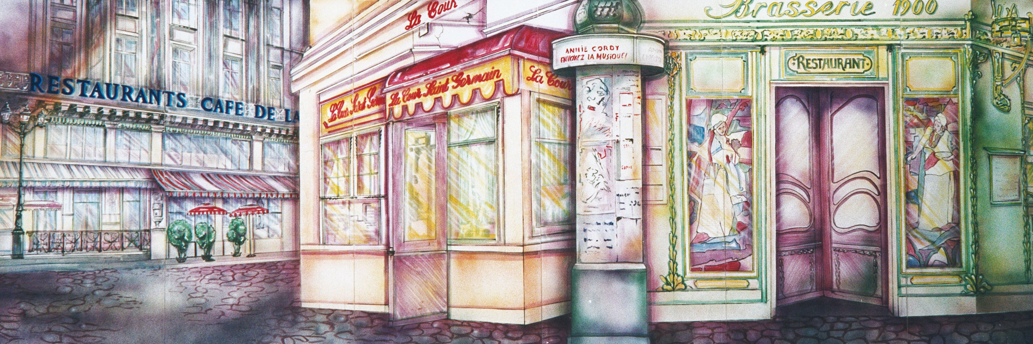 Frankreich Brasserie Kulisse mieten – Paris-Bühnenbild, ca. 9 m breit, handgemalt