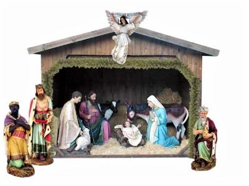Weihnachtskrippe mieten – Holzhütte mit lebensgroßen Krippenfiguren | Weihnachtsdeko