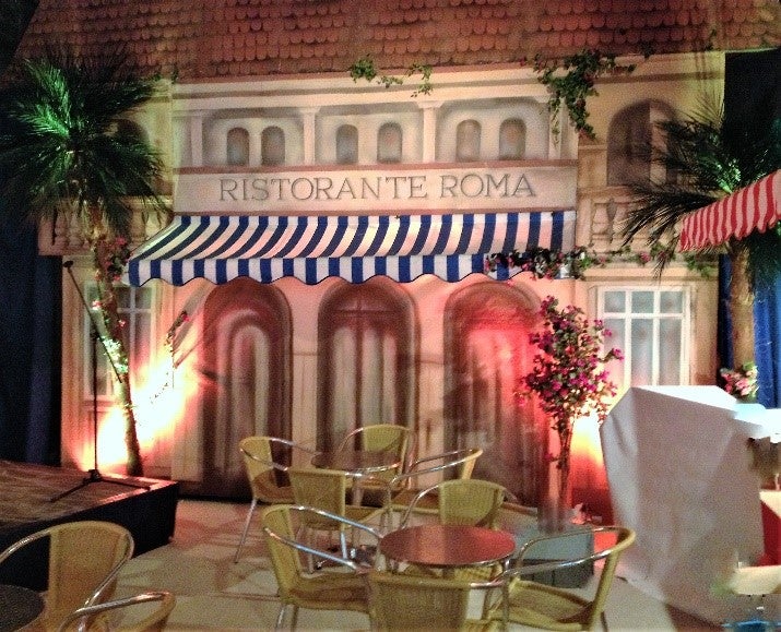 Italien-Restaurant-Kulisse mieten – 2D-Hausfassade „Ristorante Roma", ca. 550 cm – 2