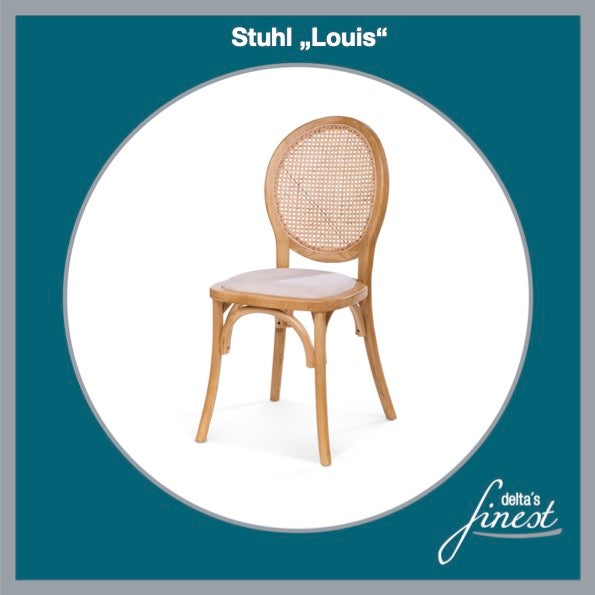 Stuhl Louis mieten – eleganter Holzstuhl hellbraun mit Sitzkissen in 6 Varianten