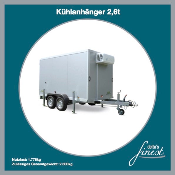 Kühlanhänger mieten – 2,6 t Kühltrailer, regelbar 2–10 °C, Innenmaß 3 m