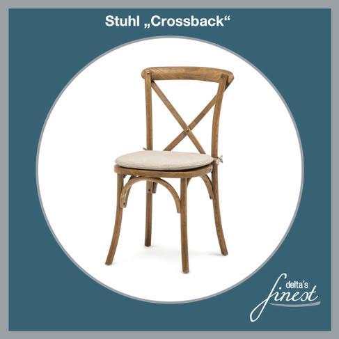 Stuhl Crossback mieten – Holzstuhl X-Back im Vintage-Look, braun, inkl. Sitzkissen