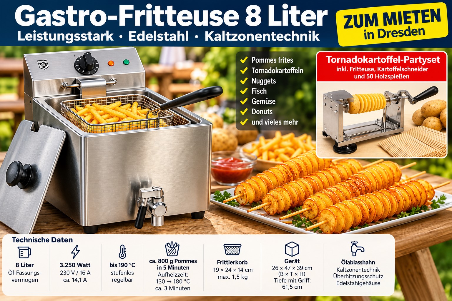 Gastro-Fritteuse 8 Liter mieten Dresden – 3.250 Watt – Tornadokartoffel-Partyset – 2