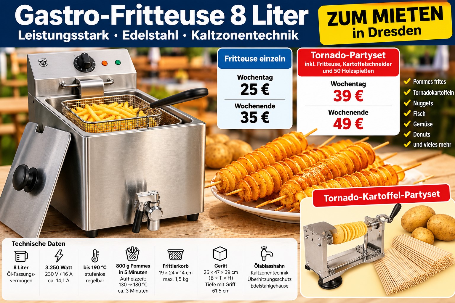 Gastro-Fritteuse 8 Liter mieten Dresden – 3.250 Watt – Tornadokartoffel-Partyset