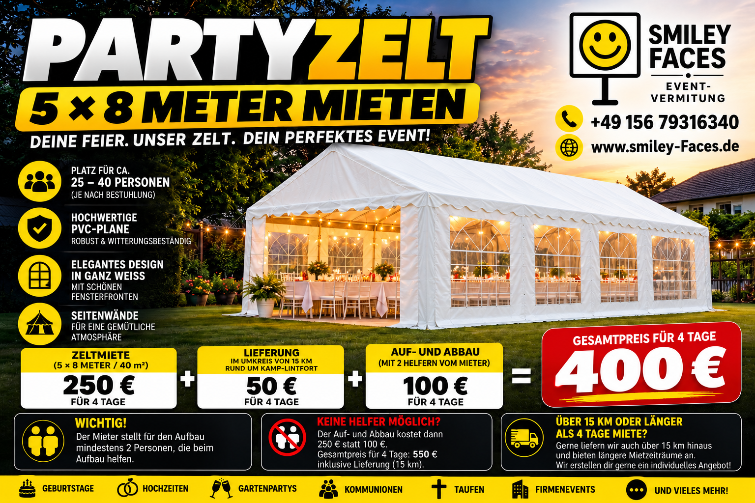 Partyzelt 5x8m mieten – 40 m² | 4 Tage inkl. Lieferung & Aufbau