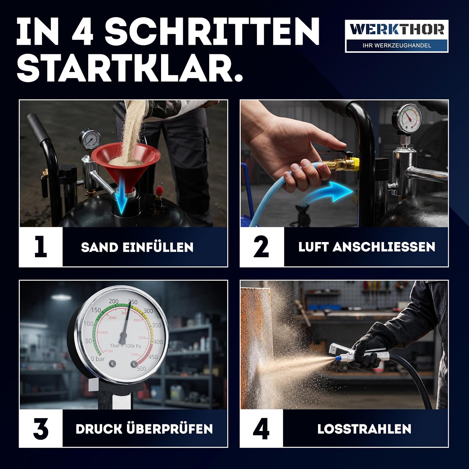 Sandstrahlgerät 75 L mobil Sandstrahler für Holz & Metall  inkl. Luftkompressor 8 – 10 bar Sandstrahlen – Thumbnail 7