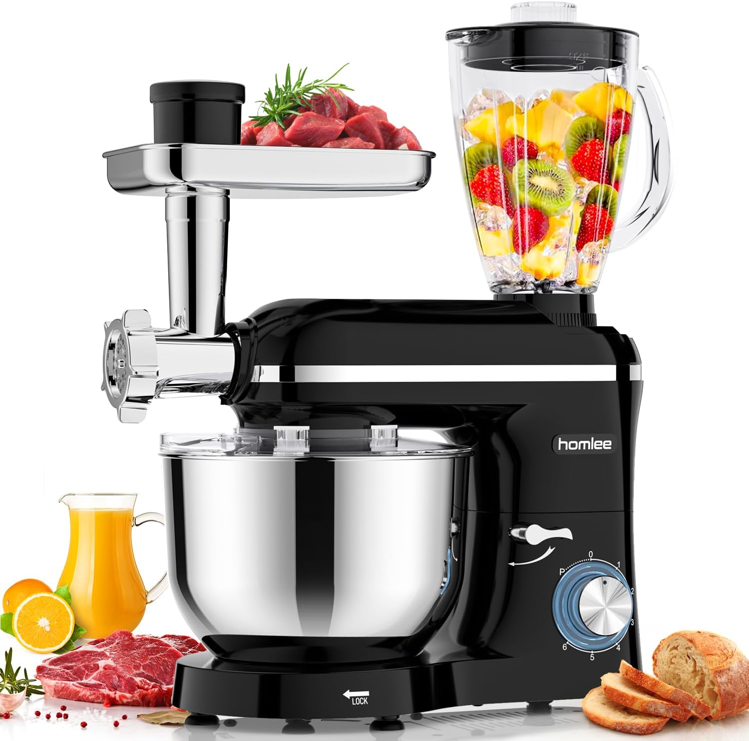 Universal Küchenmaschine 2000 W Multifunktionale Knetmaschine 6-stufige Geschwindigkeit Mixer mit Fleischwolf 1,5L Saftpresse 5,5L Edelstahlschüssel
