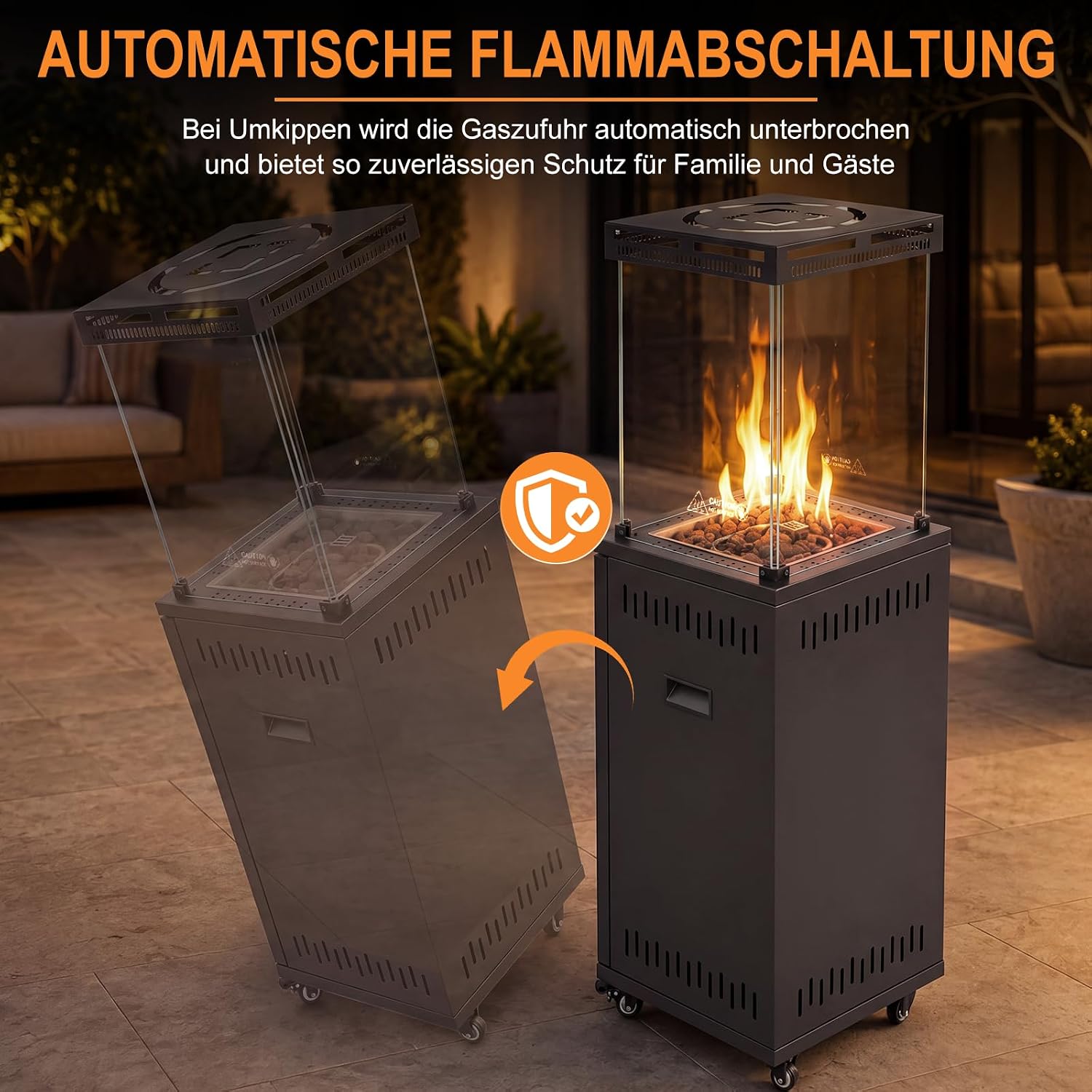 Gasheizstrahler Heizstrahler Terrasse offene Flamme Gas 13 kW Terrassenheizer attraktiver Blickfang 360° Lenkrollen Flammenbild – 5