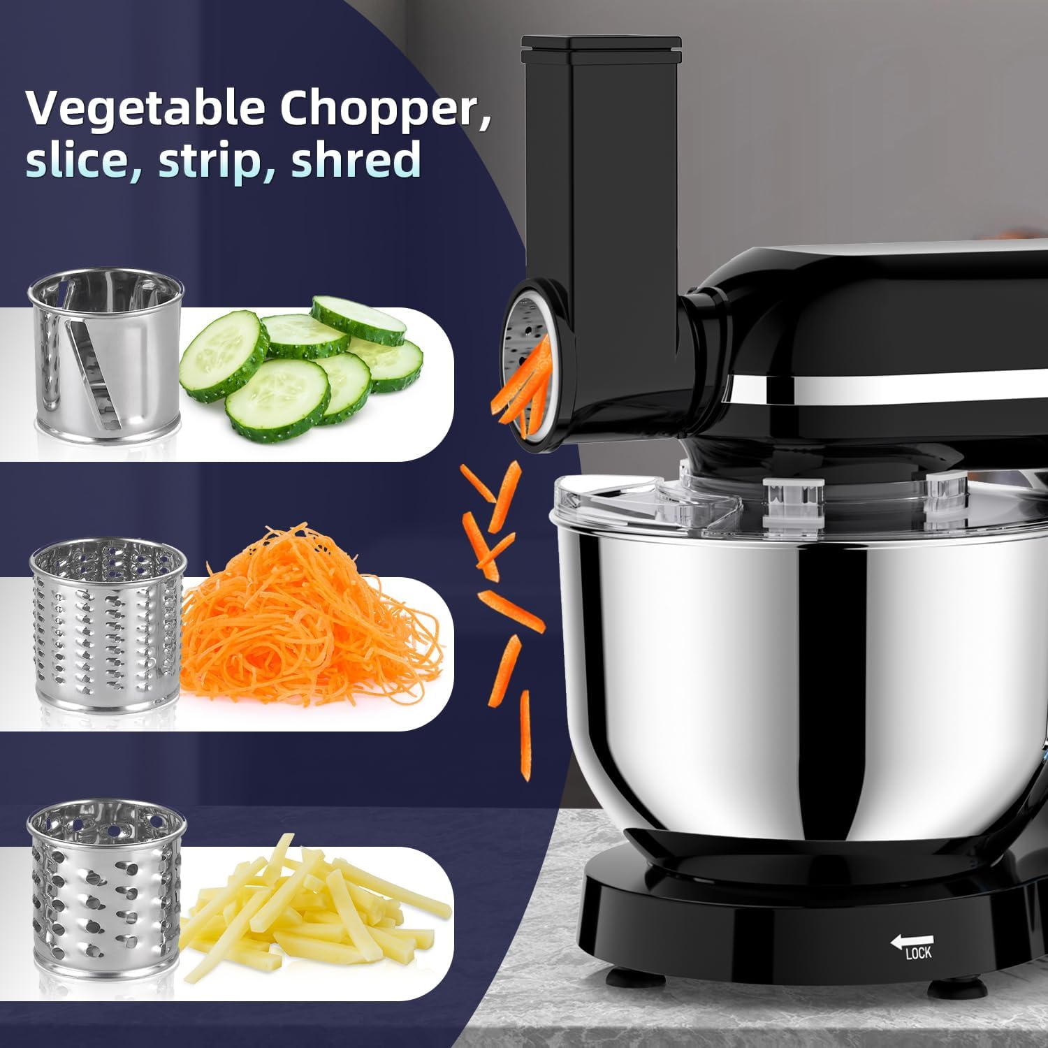 Universal Küchenmaschine 2000 W Multifunktionale Knetmaschine 6-stufige Geschwindigkeit Mixer mit Fleischwolf 1,5L Saftpresse 5,5L Edelstahlschüssel – Thumbnail 6