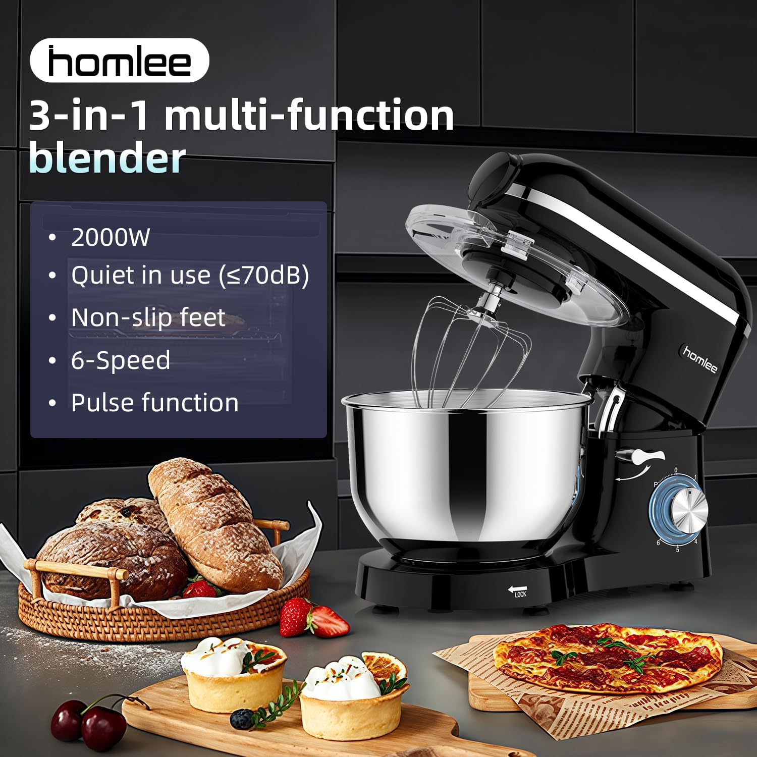 Universal Küchenmaschine 2000 W Multifunktionale Knetmaschine 6-stufige Geschwindigkeit Mixer mit Fleischwolf 1,5L Saftpresse 5,5L Edelstahlschüssel – Thumbnail 8
