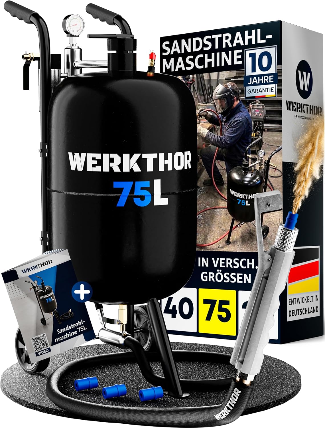 Sandstrahlgerät 75 L mobil Sandstrahler für Holz & Metall  inkl. Luftkompressor 8 – 10 bar Sandstrahlen