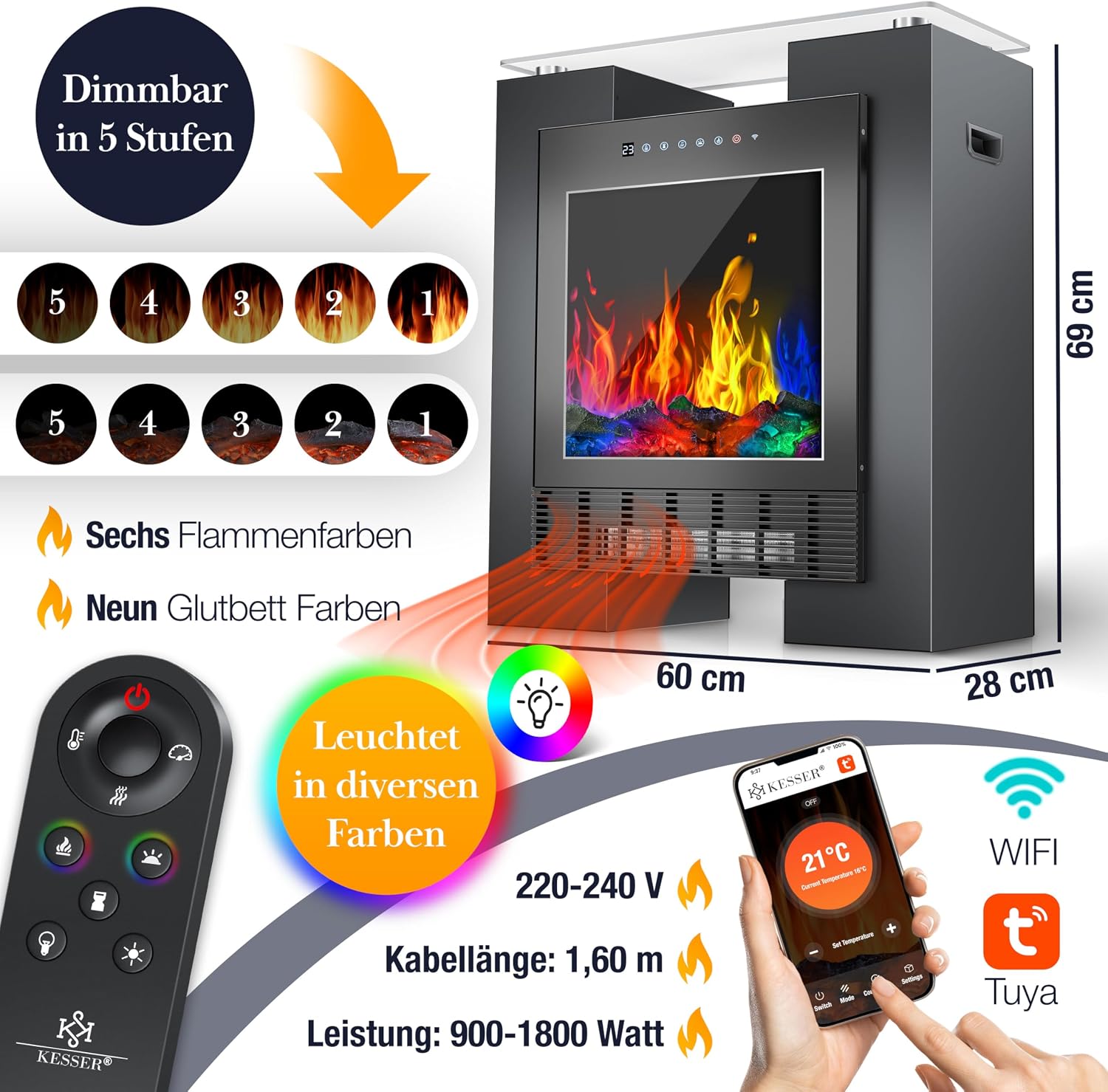 LED Standkamin Elektrokamin Terrassenheizung Heizstrahler Heizlüfter Flammensimulation – Thumbnail 7