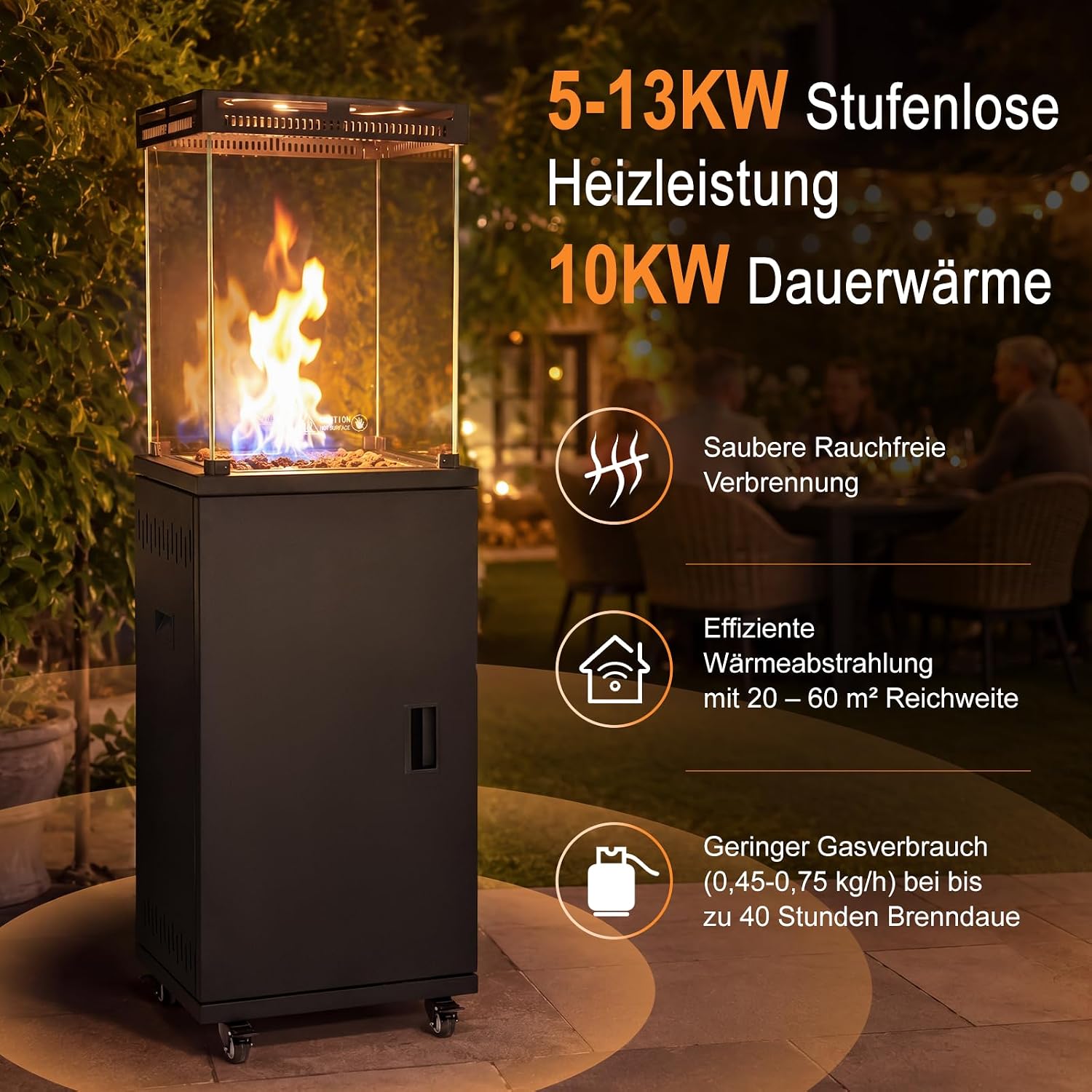 Gasheizstrahler Heizstrahler Terrasse offene Flamme Gas 13 kW Terrassenheizer attraktiver Blickfang 360° Lenkrollen Flammenbild – 2