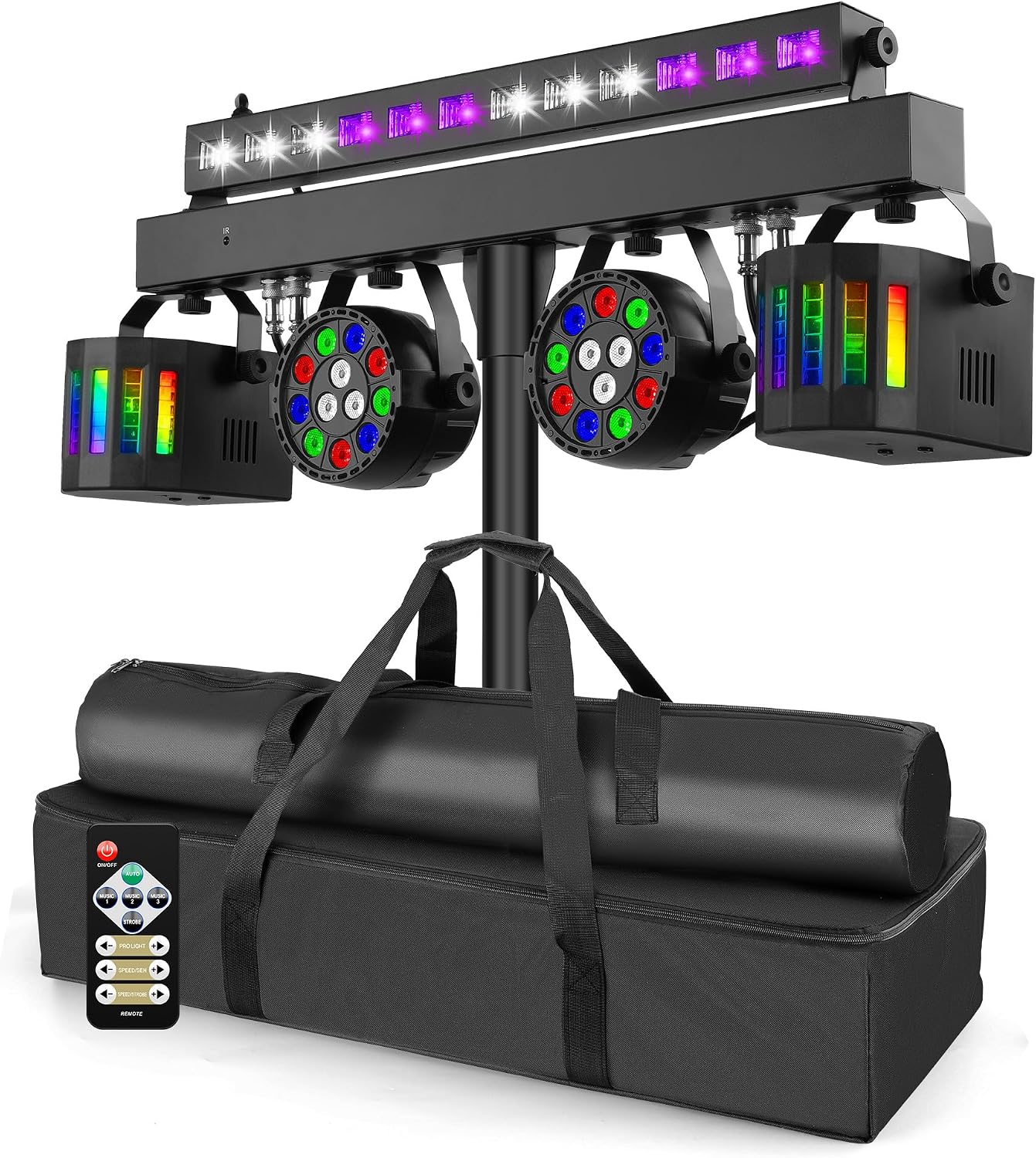 Lichtanlage komplett DJ Licht DMX Stativ Beleuchtung Komplettset 2 x LED PAR 2 x Derby und 1 x UV Stroboskop Lichtleiste musikgesteuert Bühnenlicht Set