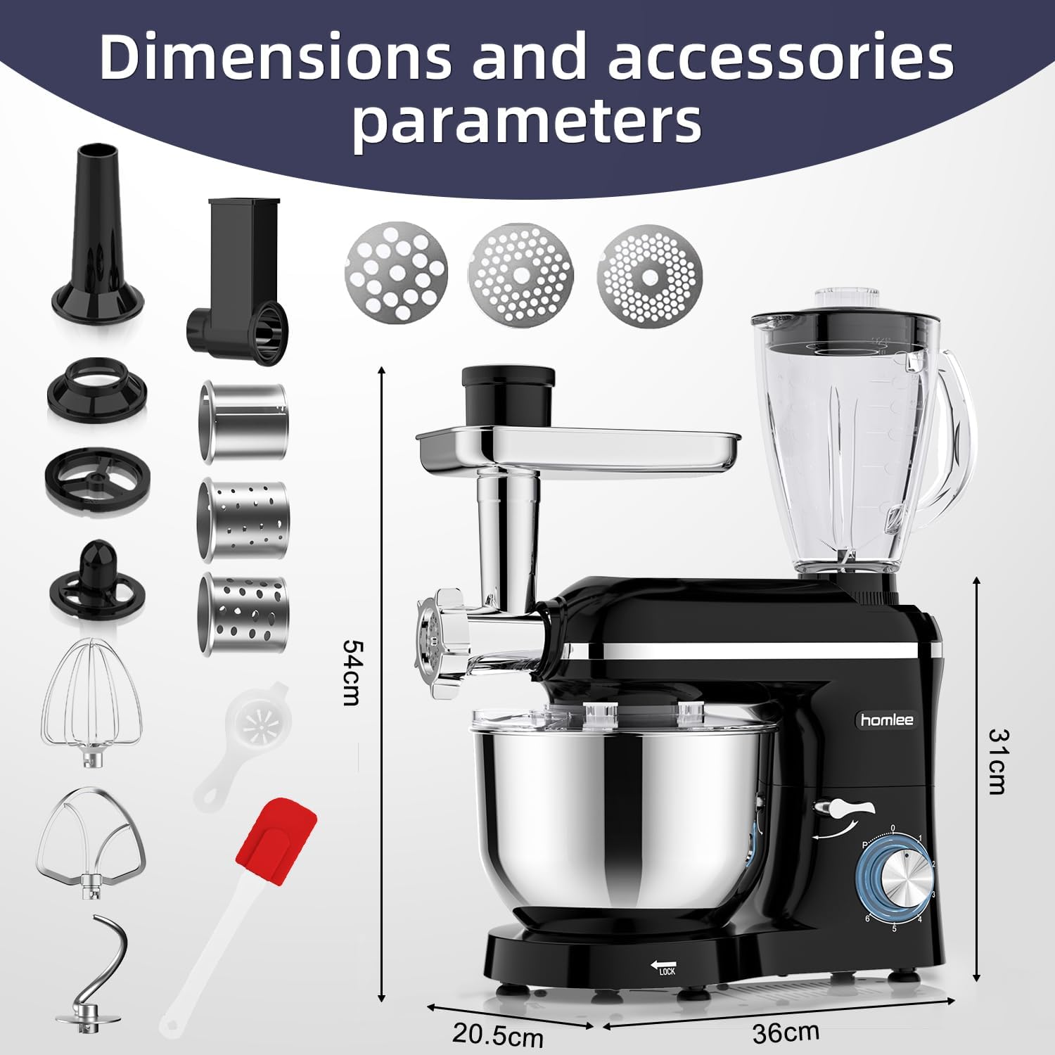 Universal Küchenmaschine 2000 W Multifunktionale Knetmaschine 6-stufige Geschwindigkeit Mixer mit Fleischwolf 1,5L Saftpresse 5,5L Edelstahlschüssel – 2