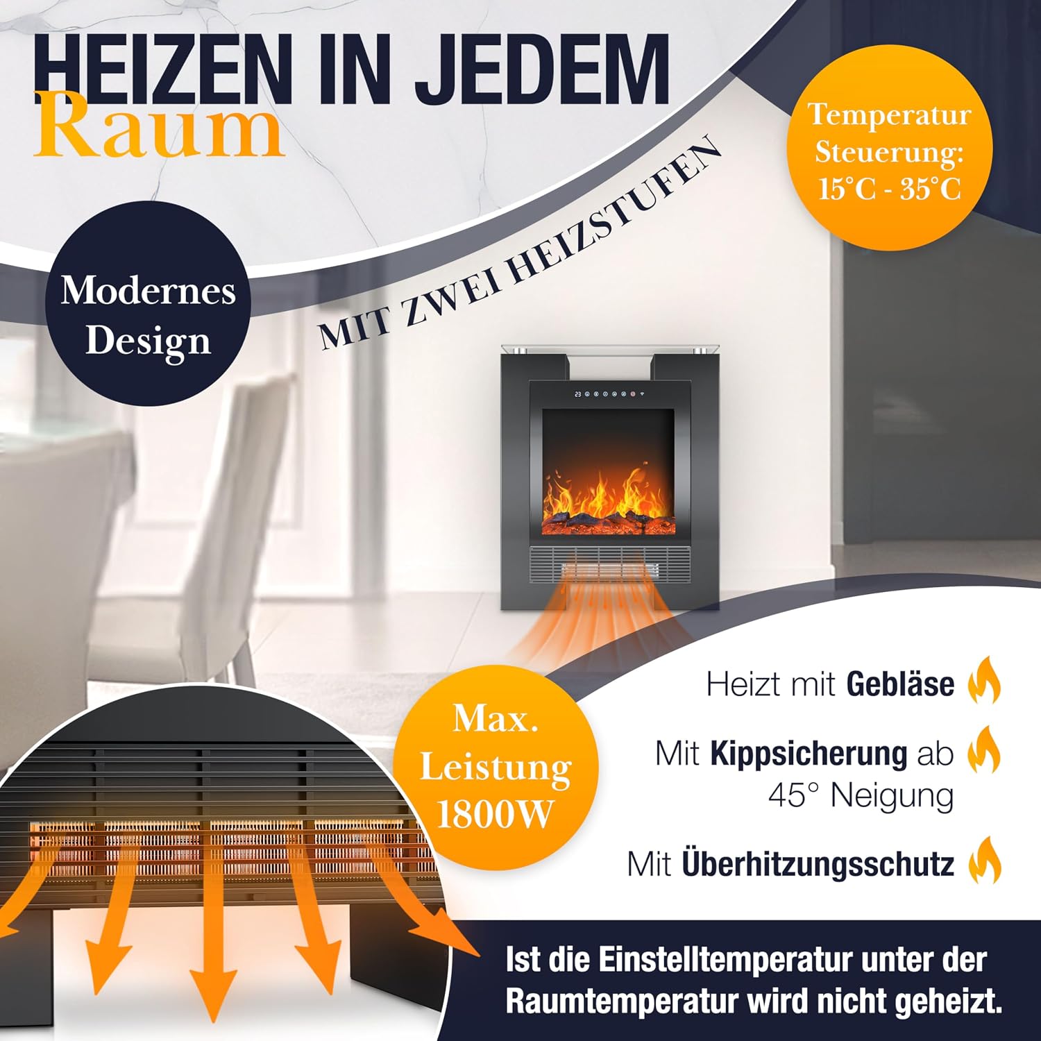 LED Standkamin Elektrokamin Terrassenheizung Heizstrahler Heizlüfter Flammensimulation – 4