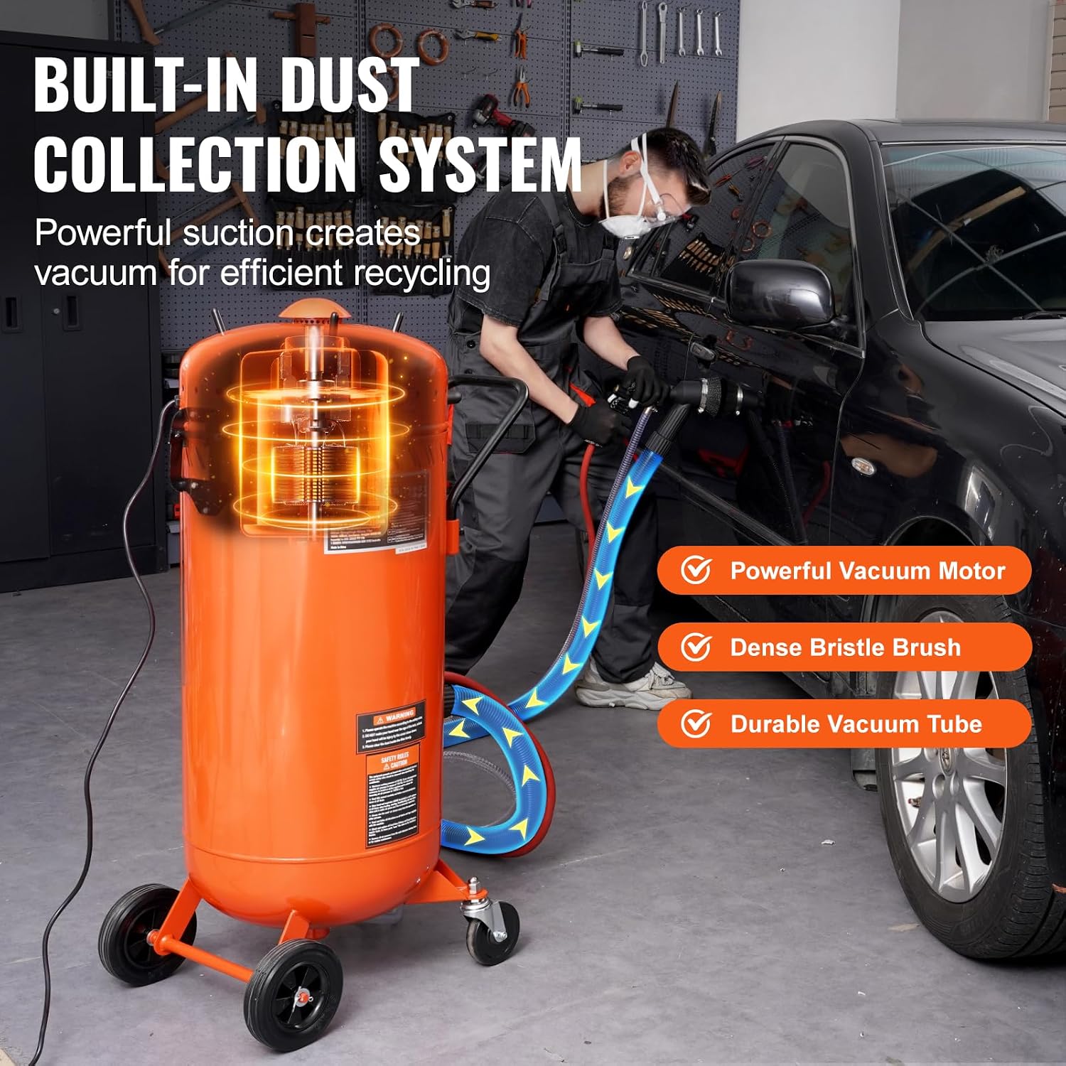 Vakuum-Sandstrahlgerät 106 L staubfreier Sandstrahler mit eingebautem 1200 W Vakuumsystem 60-110 PSI Hochleistungs-Strahlgerät inkl. Kompressor 8 – 10 bar – 3