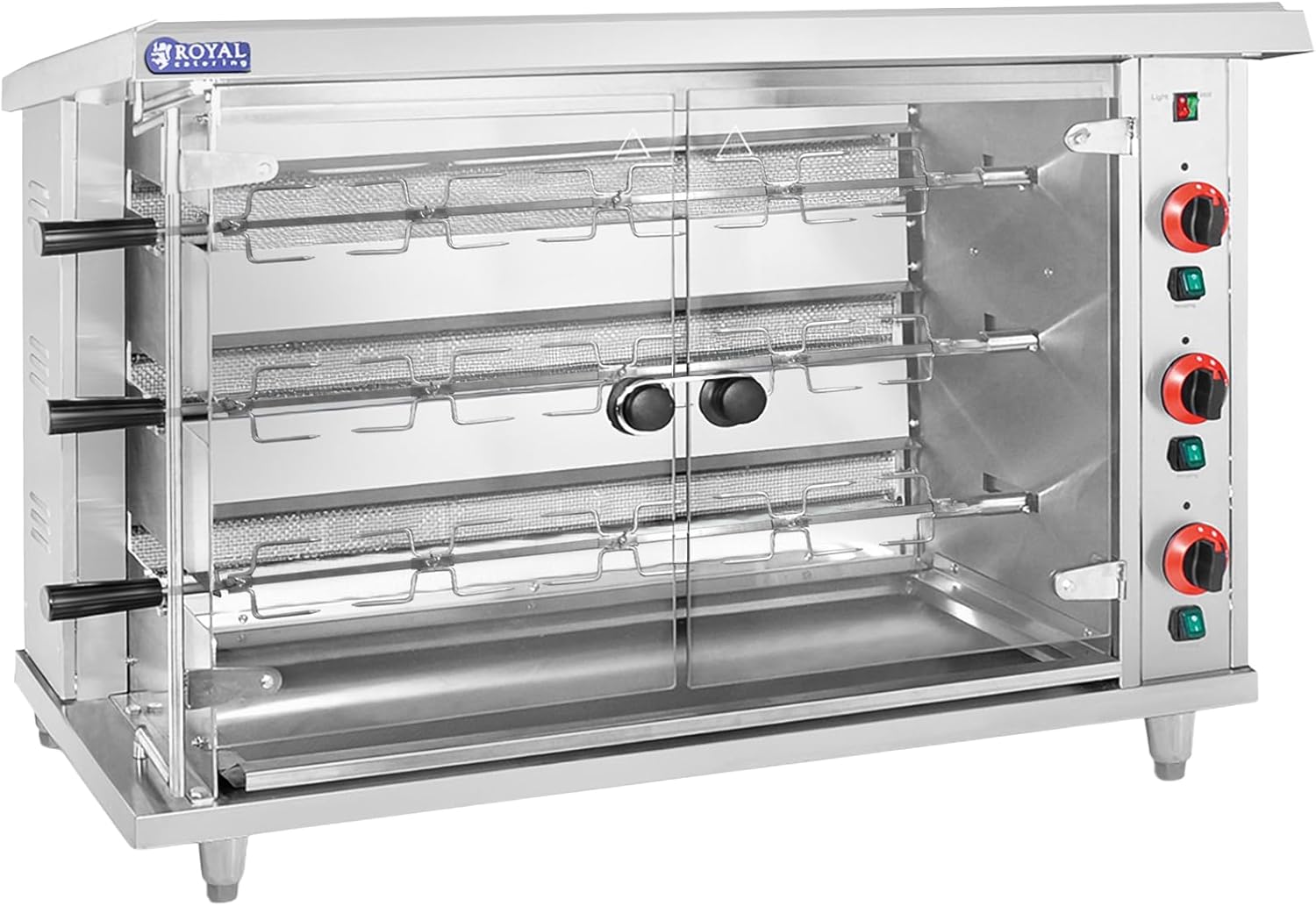 Catering Hähnchengrill Gas 3 Spieße = 3 x 5 Hähnchen mit Beleuchtung 3 x 5 kW Edelstahl gehärtetes Glas Gastro-Hähnchengrill