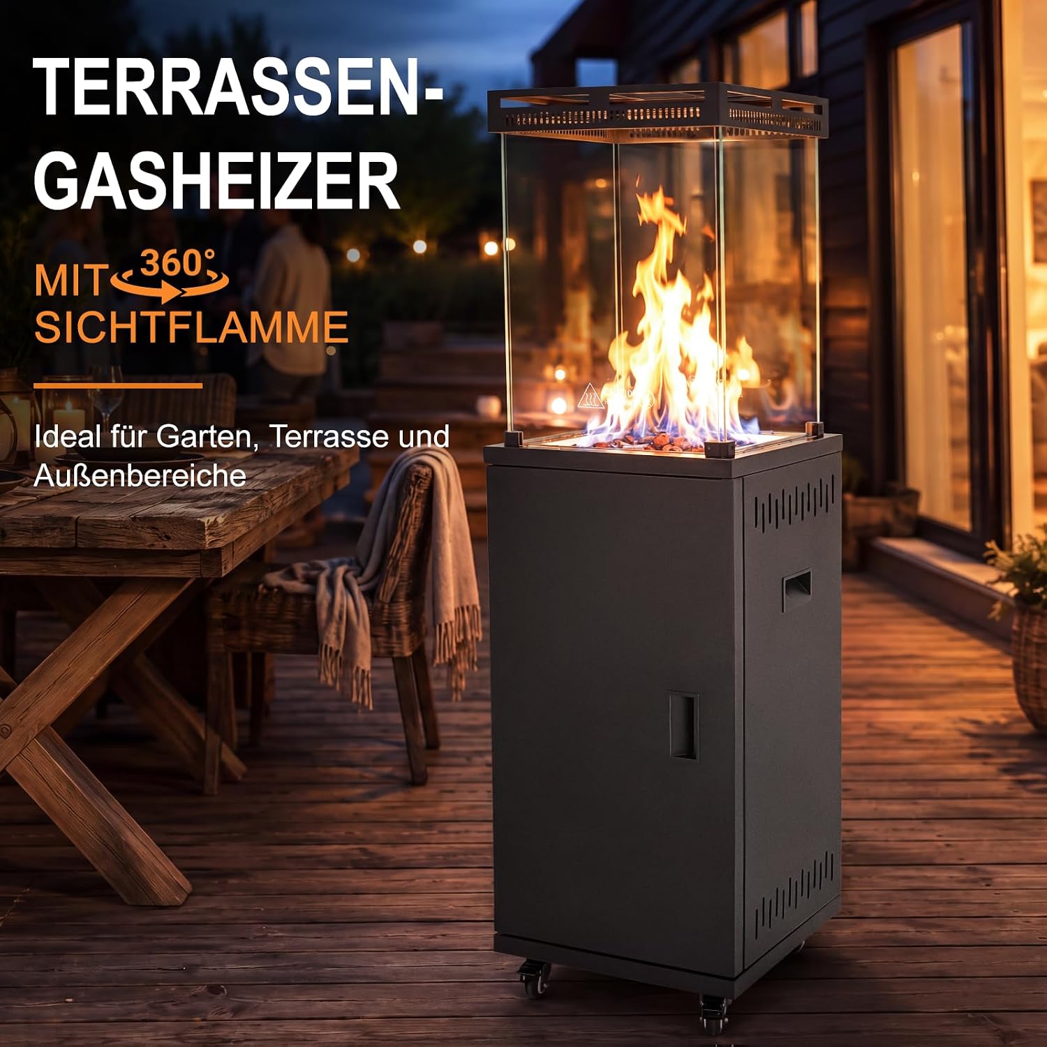 Gasheizstrahler Heizstrahler Terrasse offene Flamme Gas 13 kW Terrassenheizer attraktiver Blickfang 360° Lenkrollen Flammenbild – 3