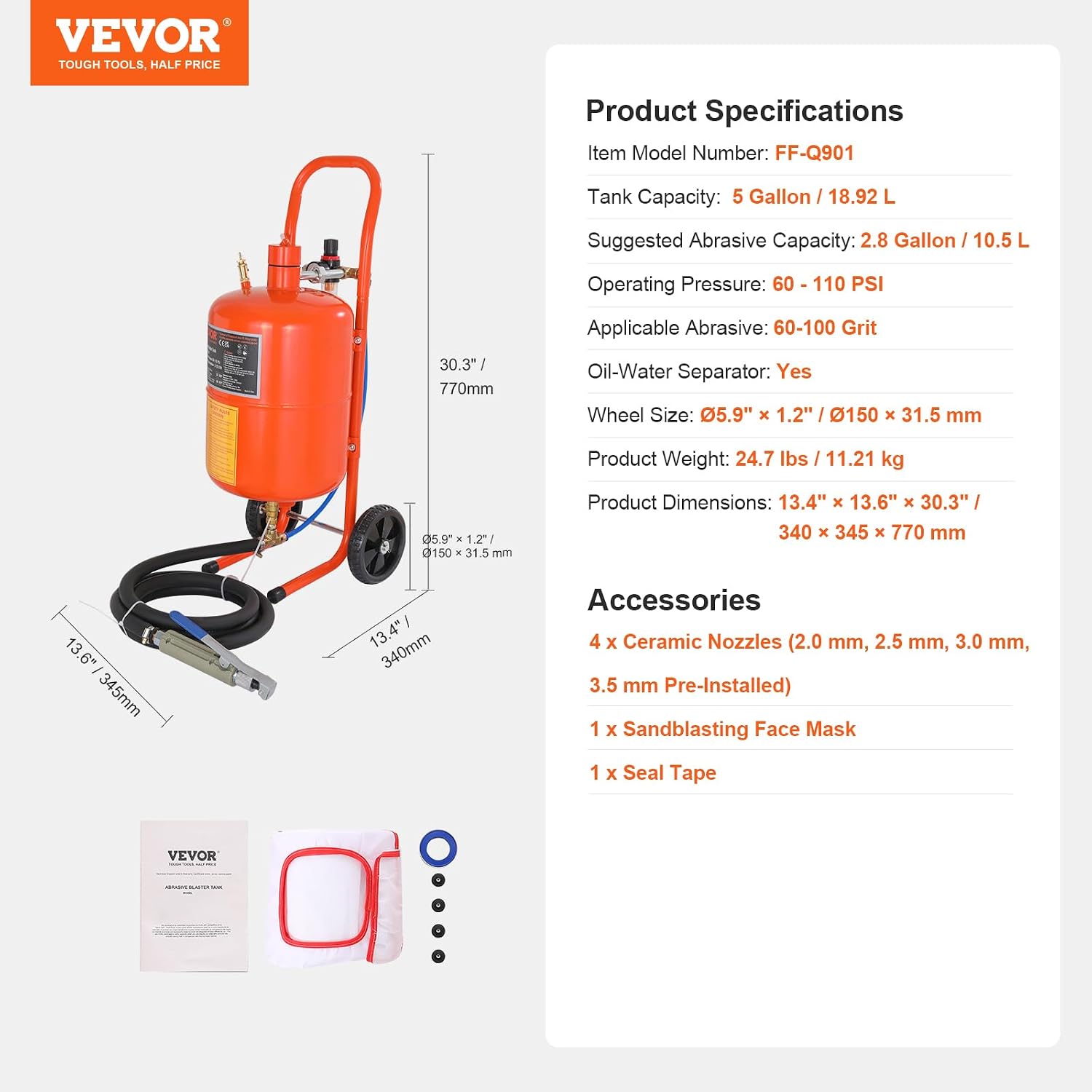 Mobiles Sandstrahlgerät 18,92 L inkl. Luftkompressor 100 L 8-10 bar Sandstrahlanlage 243,84 cm Arbeitsschlauch Sandstrahler – Thumbnail 7